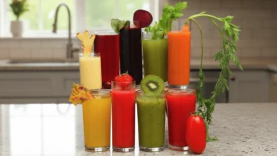 Fresh homemade juicing recipes with oranges, carrots, ginger, and leafy greens on a kitchen counter