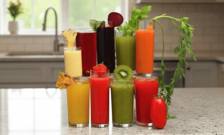 Fresh homemade juicing recipes with oranges, carrots, ginger, and leafy greens on a kitchen counter