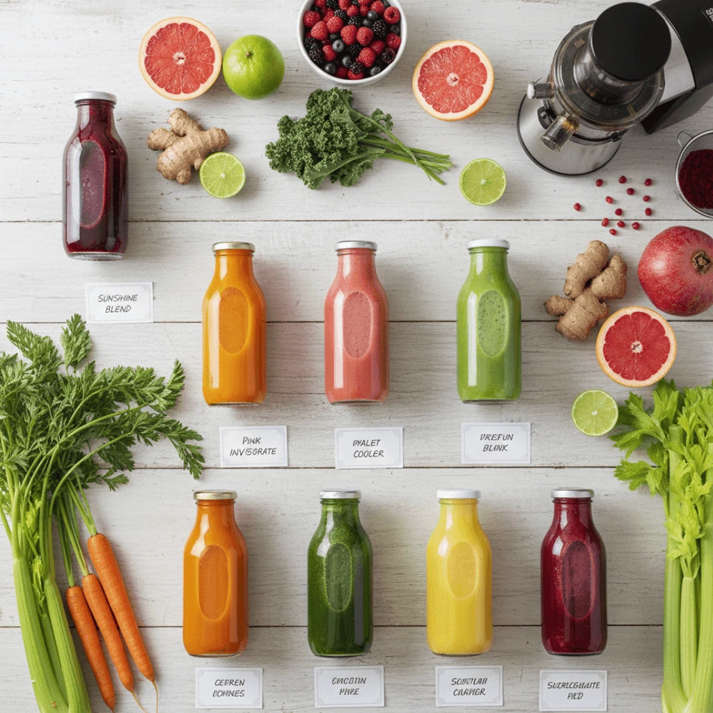 Flat lay of colorful bottled on a white wooden table with grapefruit, limes, berries, kale, ginger, carrots, celery, and a countertop juicer.
