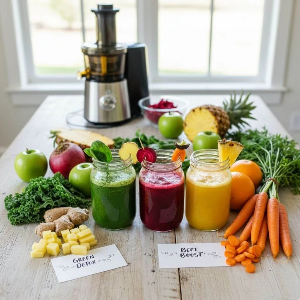 Fresh ingredients for juicing recipes, including oranges, carrots, ginger, cucumber, celery, and leafy greens