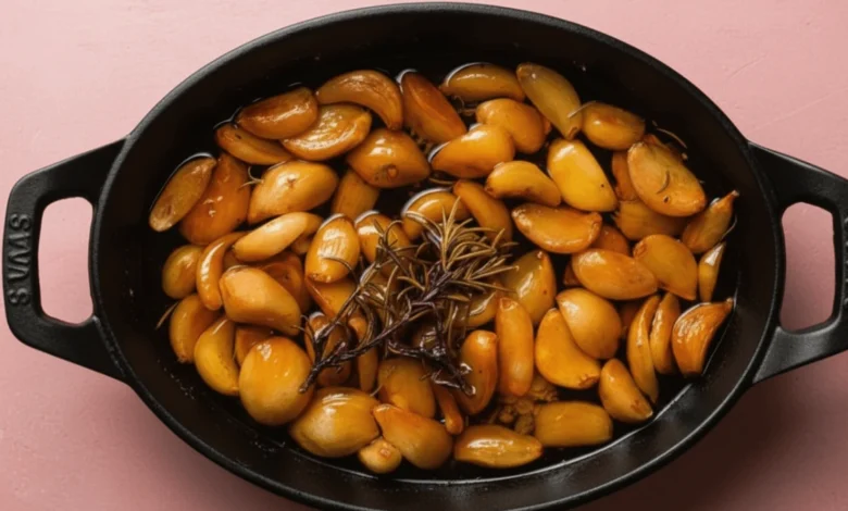 Garlic confit cooking with rosemary in a skillet.