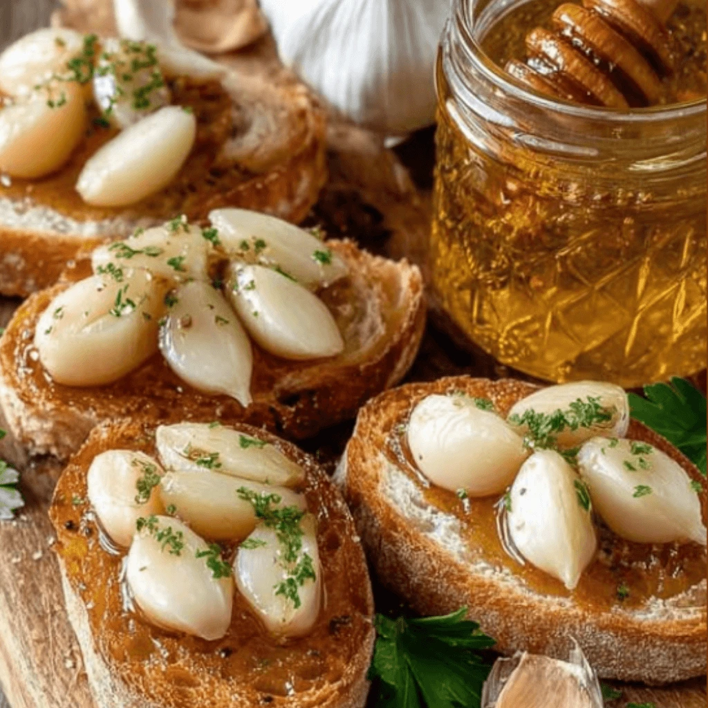 Garlic confit on toasted bread, garnished with parsley, with a jar of garlic oil in the background.