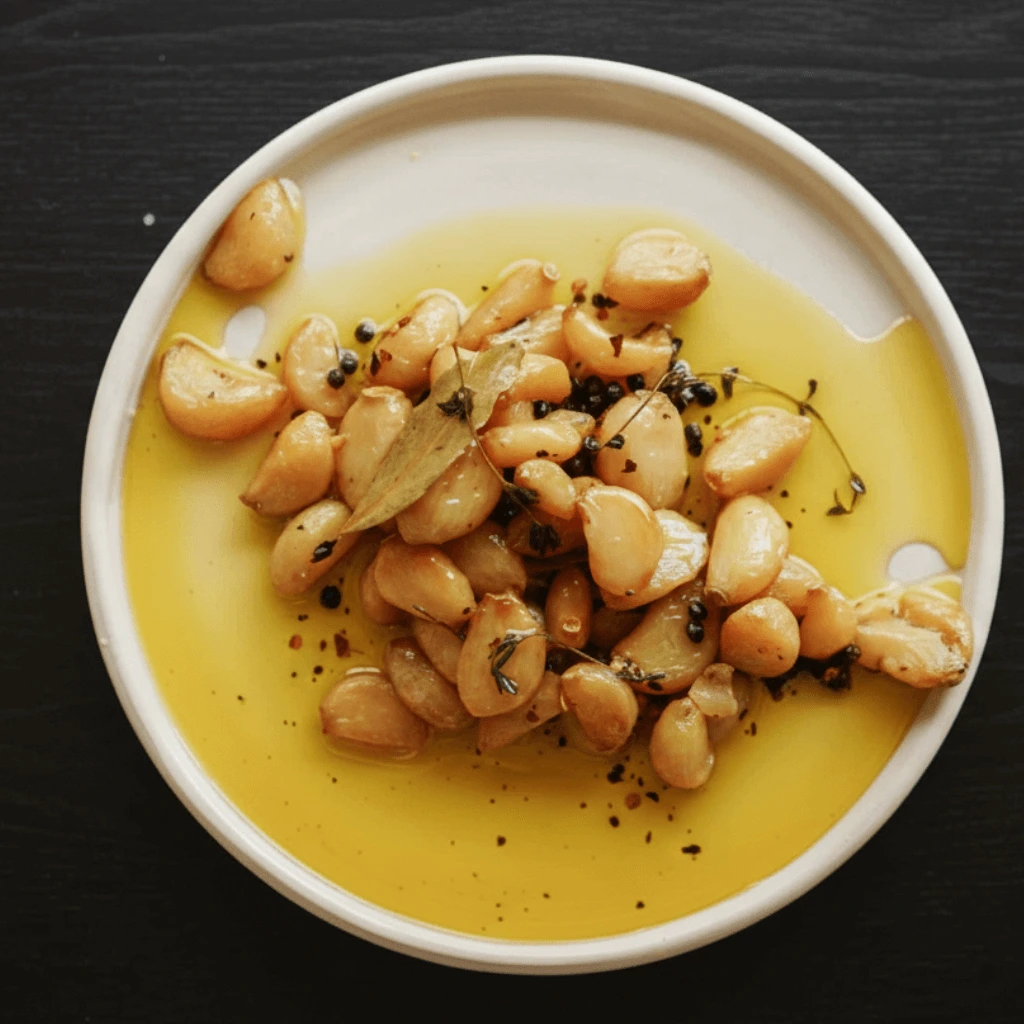 Garlic confit in a jar with olive oil, rosemary, and chili flakes.