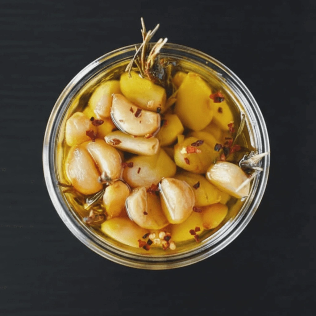 Garlic confit in a jar with olive oil, rosemary, and chili flakes.