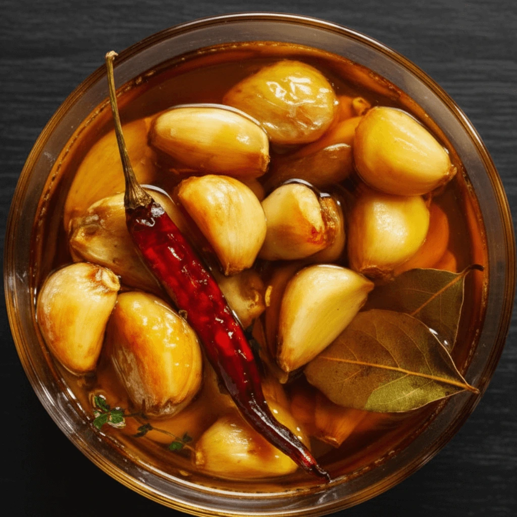 Garlic confit in a jar with olive oil, rosemary, and chili flakes.