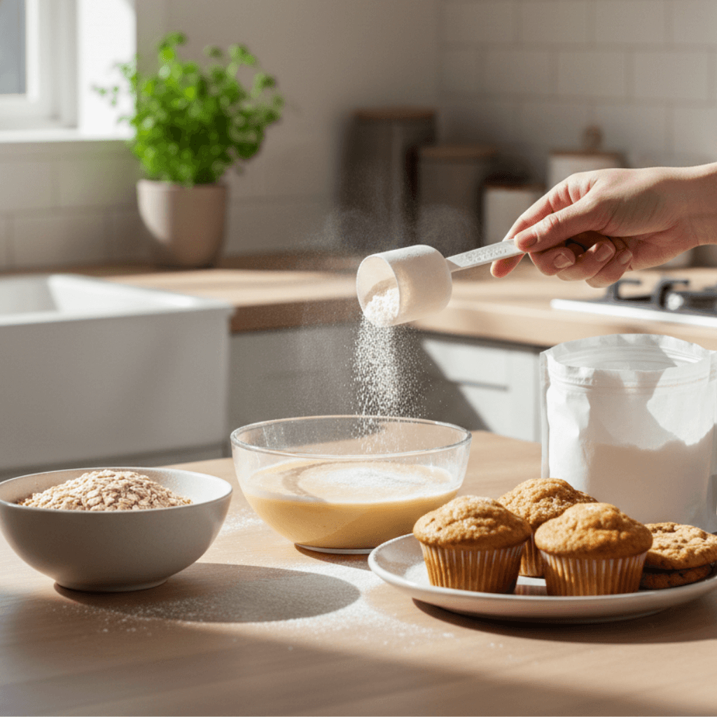 Recipes using protein powder showing protein powder added to batter with baked muffins and cookies on a kitchen counter
