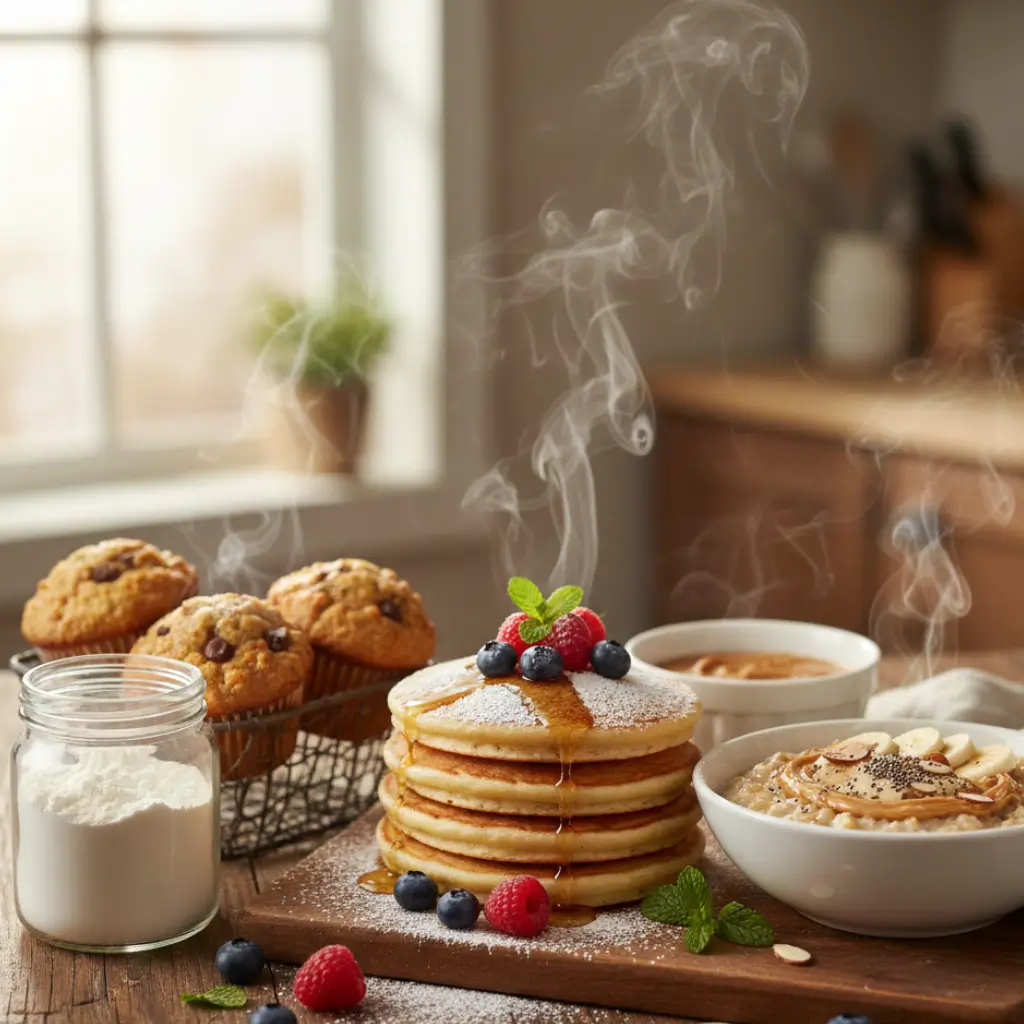 Recipes using protein powder featuring protein pancakes, oatmeal, muffins, and protein powder in a healthy breakfast spread