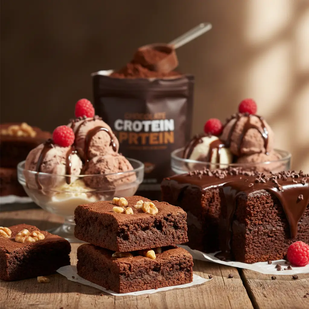 Recipes using protein powder featuring chocolate protein brownies, protein cake, and protein ice cream desserts