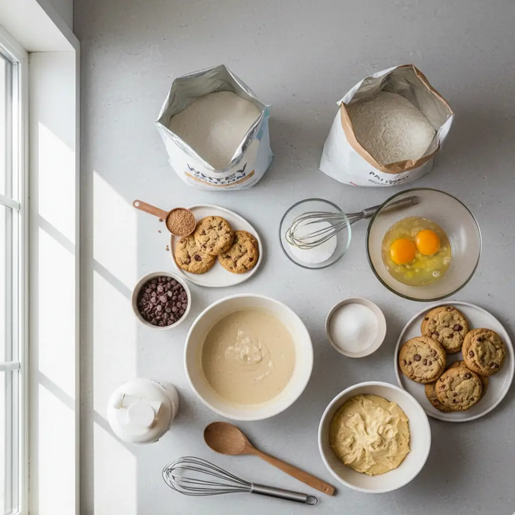 Recipes using protein powder showing baking ingredients, protein powder, cookie dough, eggs, and homemade cookies