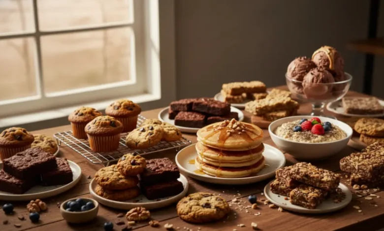 Recipes using protein powder featuring pancakes, muffins, cookies, brownies, protein bars, oatmeal, and protein ice cream