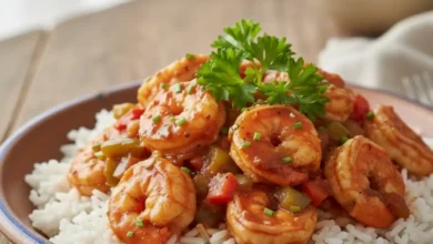 Close-up of a plate of Prawn Creole served over white rice, garnished with parsley and chives, featuring prawns in a flavorful Creole sauce with bell peppers.