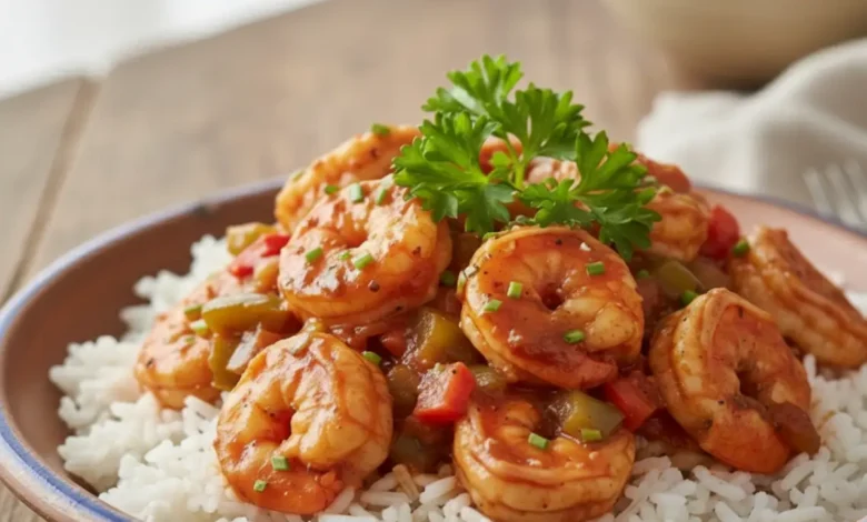 Close-up of a plate of Prawn Creole served over white rice, garnished with parsley and chives, featuring prawns in a flavorful Creole sauce with bell peppers.