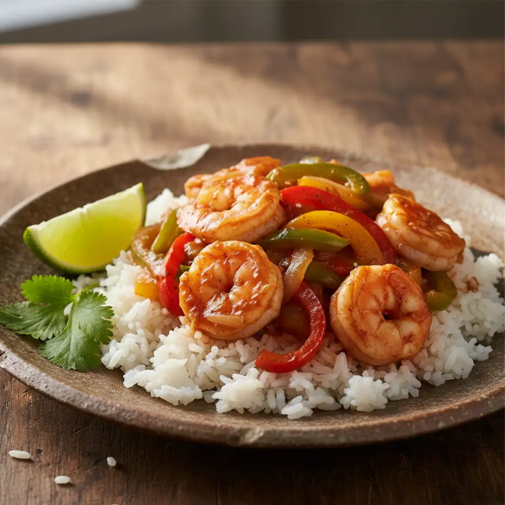 Close-up of Prawn Creole served over white rice with colorful bell peppers, garnished with lime wedges and cilantro on a rustic plate.