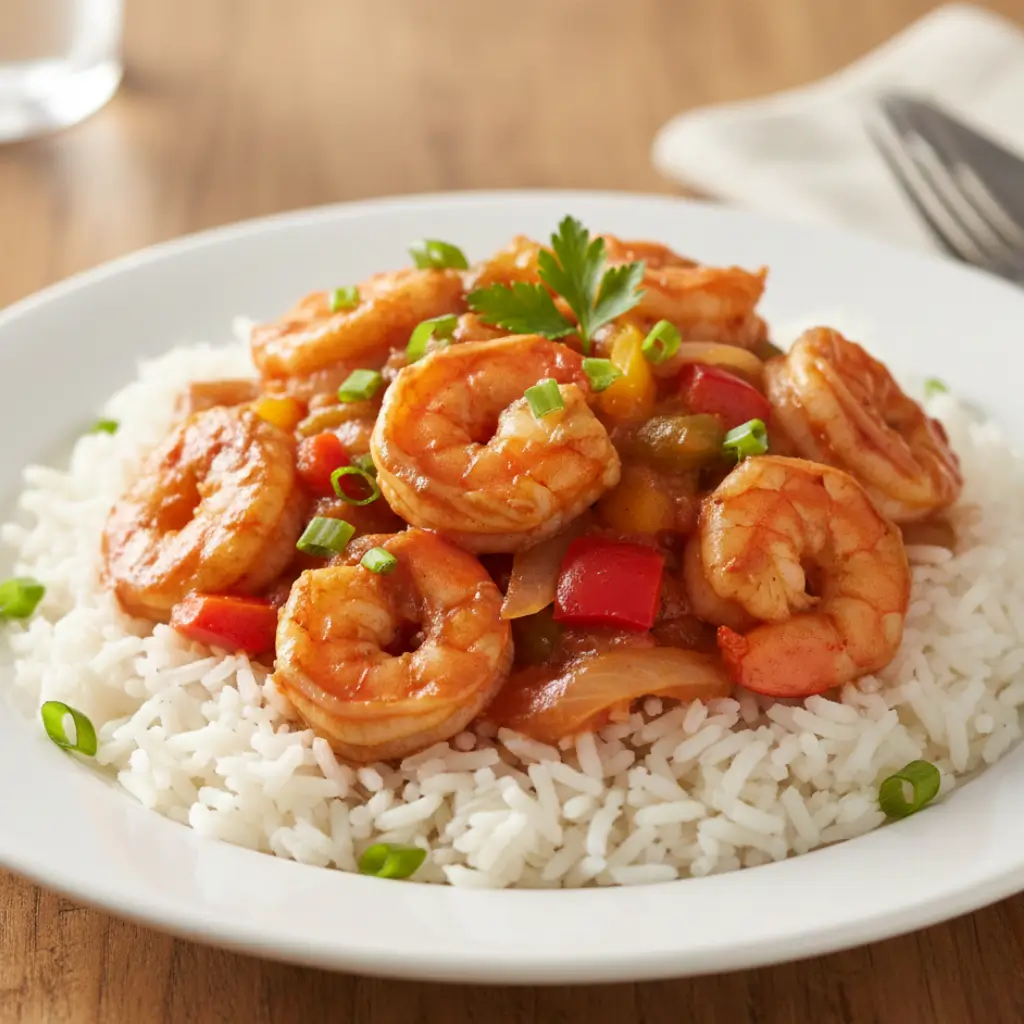 Plate of Prawn Creole served over white rice, featuring succulent prawns, colorful bell peppers, and onions in a savory Creole sauce, garnished with green onions and parsley.