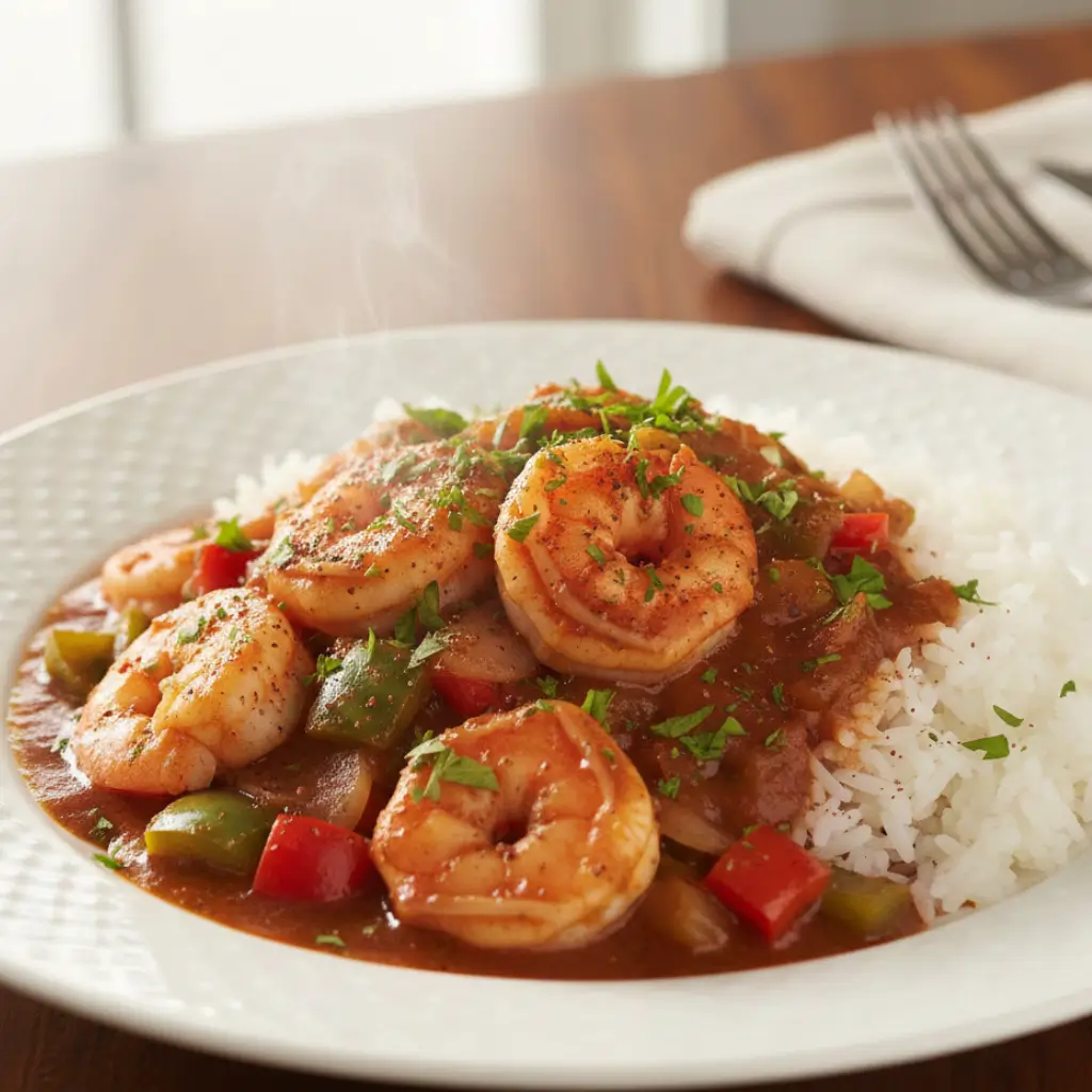 Close-up of a steaming plate of Prawn Creole served over white rice, featuring prawns, bell peppers, onions, and a rich Creole sauce, garnished with fresh parsley.