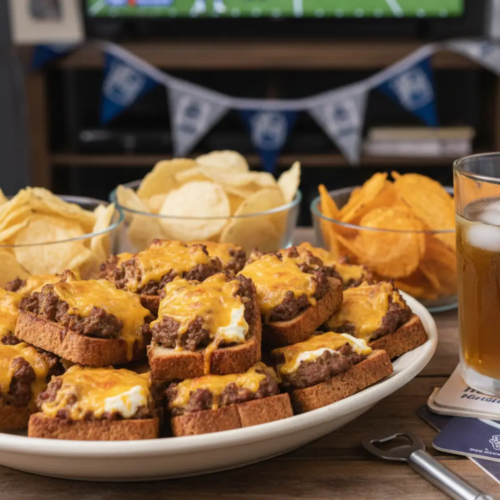 Hanky Panky appetizers with melted cheese and ground beef on toasted bread, served with chips and a cold drink for game day.