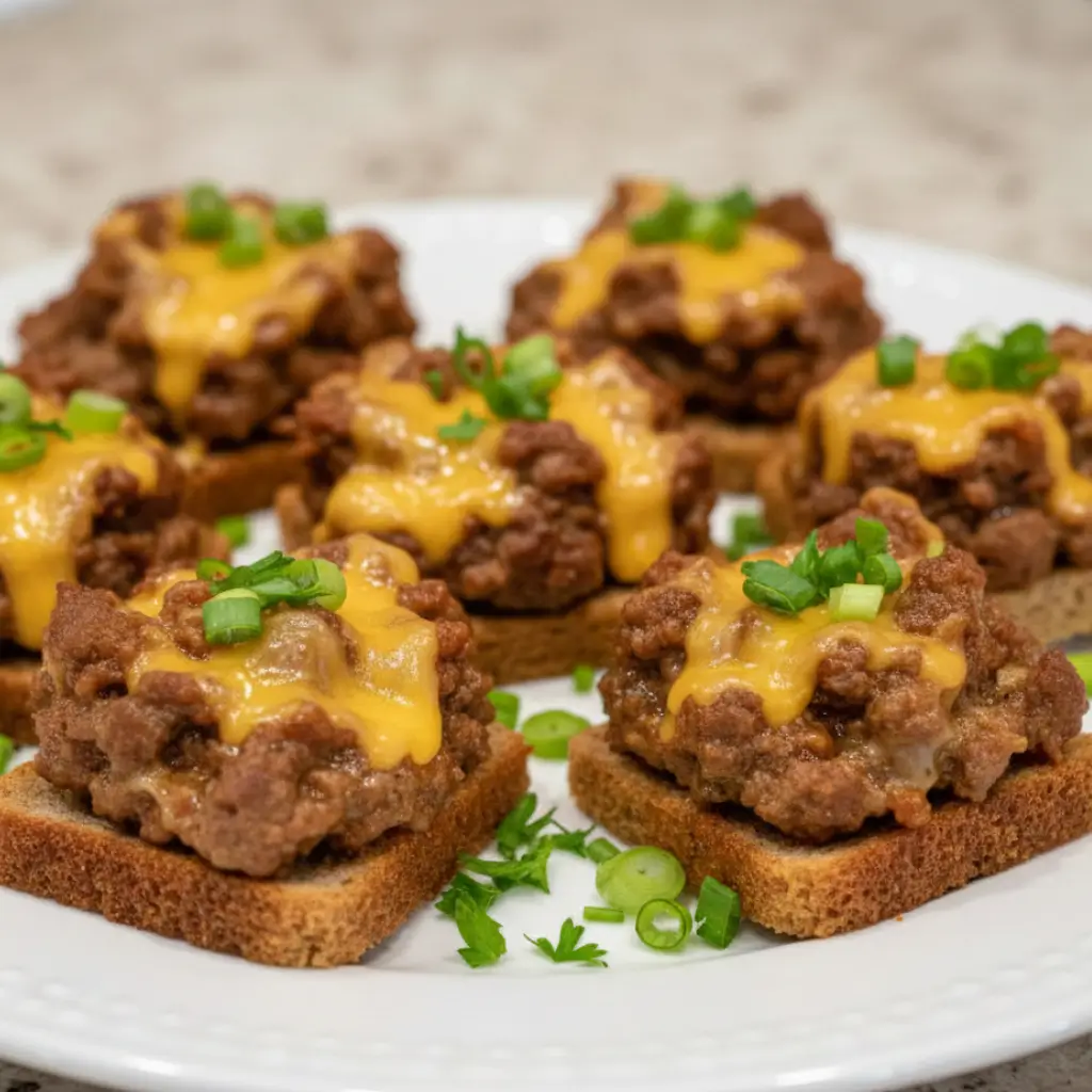 Hanky Panky appetizers with ground beef, melted cheese, and green onions on toasted bread.
