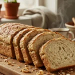 Sliced Ezekiel bread loaf showing a soft, airy interior with a golden-brown crust, placed on a wooden board with scattered grains around it."