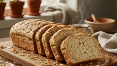 Sliced Ezekiel bread loaf showing a soft, airy interior with a golden-brown crust, placed on a wooden board with scattered grains around it."