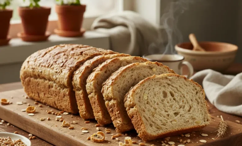 Sliced Ezekiel bread loaf showing a soft, airy interior with a golden-brown crust, placed on a wooden board with scattered grains around it."