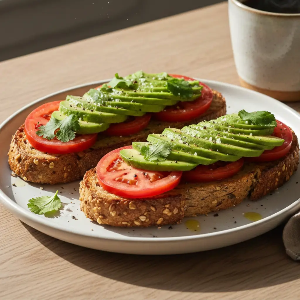 Ezekiel bread topped with fresh slices of avocado, tomato, and cilantro, sprinkled with black pepper.