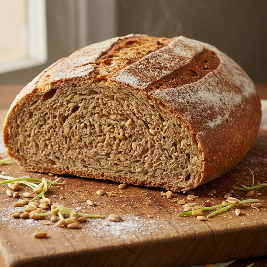 A freshly baked loaf of Ezekiel bread with a golden-brown crust, sliced open to reveal a soft, airy interior with scattered seeds.