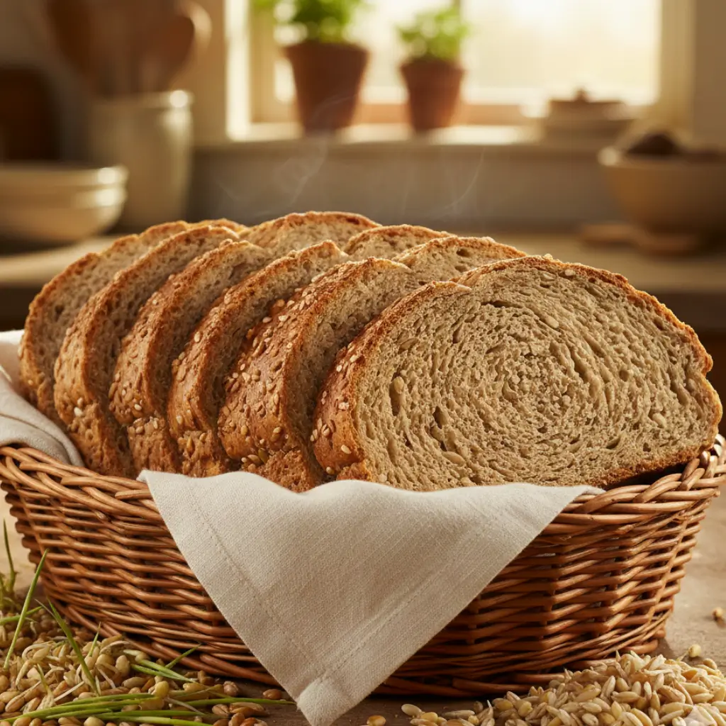 Sliced Ezekiel bread placed in a woven basket, with soft, airy slices showing a nutty, textured interior, and scattered grains around.