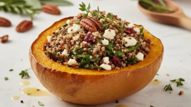 Stuffed acorn squash filled with quinoa, spinach, cranberries, feta cheese, and pecans, garnished with fresh thyme.