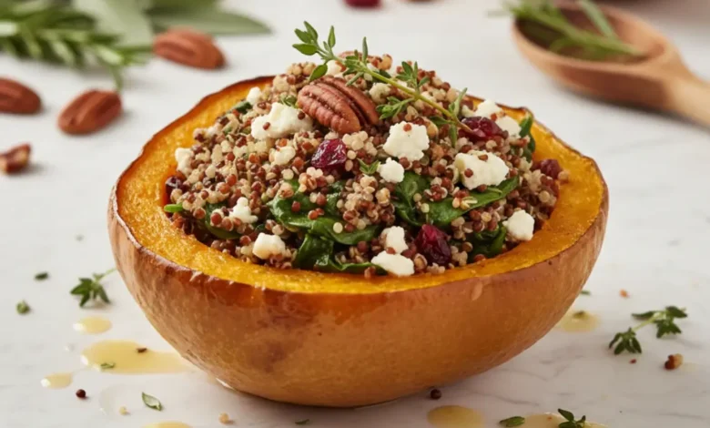 Stuffed acorn squash filled with quinoa, spinach, cranberries, feta cheese, and pecans, garnished with fresh thyme.
