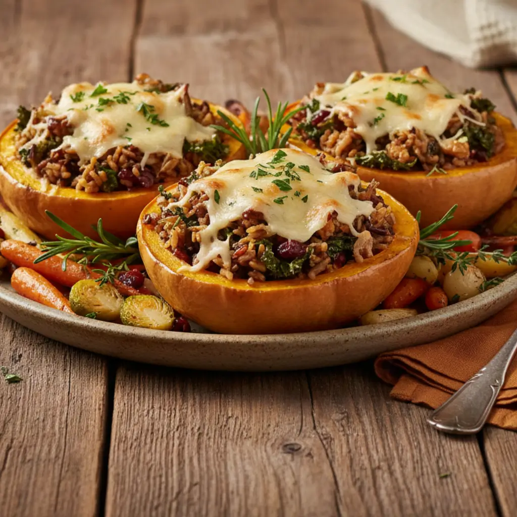 Stuffed acorn squash with rice, kale, cranberries, and melted cheese, served with roasted carrots and Brussels sprouts.