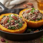 Stuffed acorn squash filled with quinoa, spinach, cranberries, and pecans, topped with fresh herbs and grated Parmesan cheese.