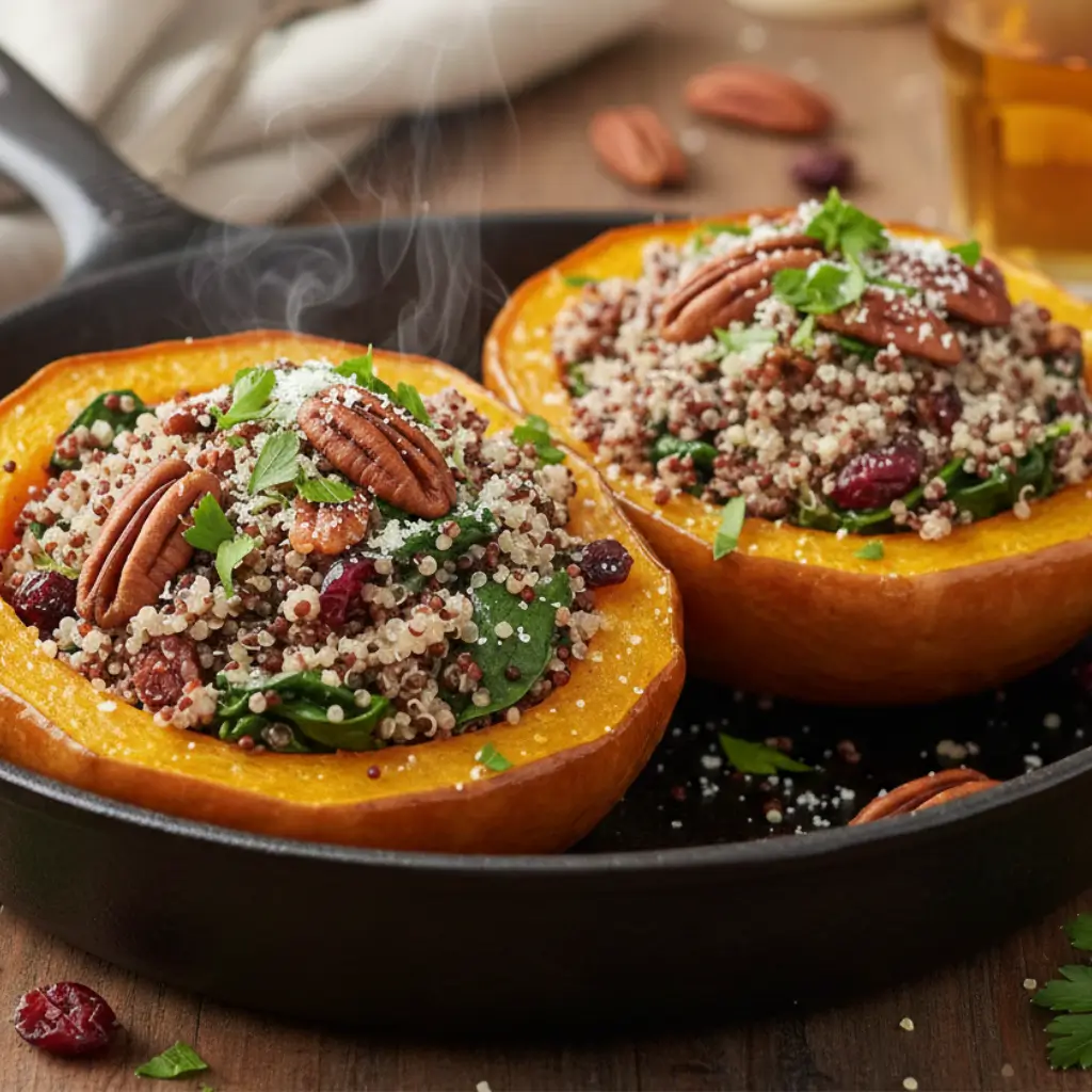 Stuffed acorn squash filled with quinoa, spinach, cranberries, and pecans, topped with fresh herbs and grated Parmesan cheese.