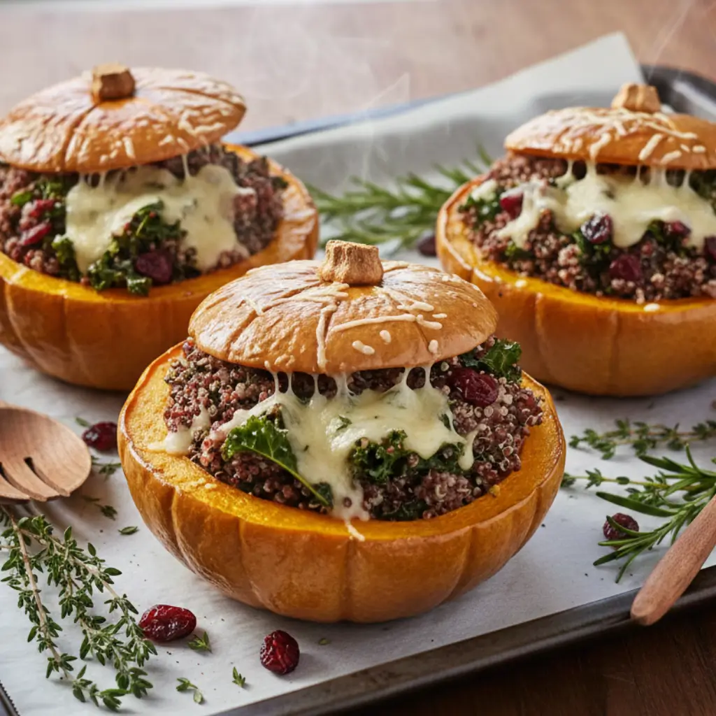 Stuffed acorn squash with quinoa, kale, and cranberries, topped with melted cheese and garnished with fresh thyme.