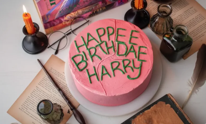 A whimsical "Cake of Harry Potter" decorated with pink frosting and green icing reading "HAPPEE BIRTHDAE HARRY," surrounded by magical props like candles and potions.