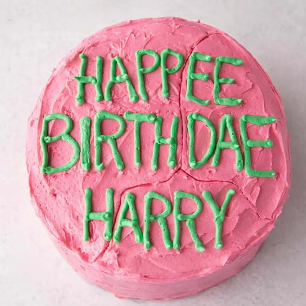 A whimsical "Cake of Harry Potter" decorated with pink frosting and green icing reading "HAPPEE BIRTHDAE HARRY" in a playful, misspelled design
