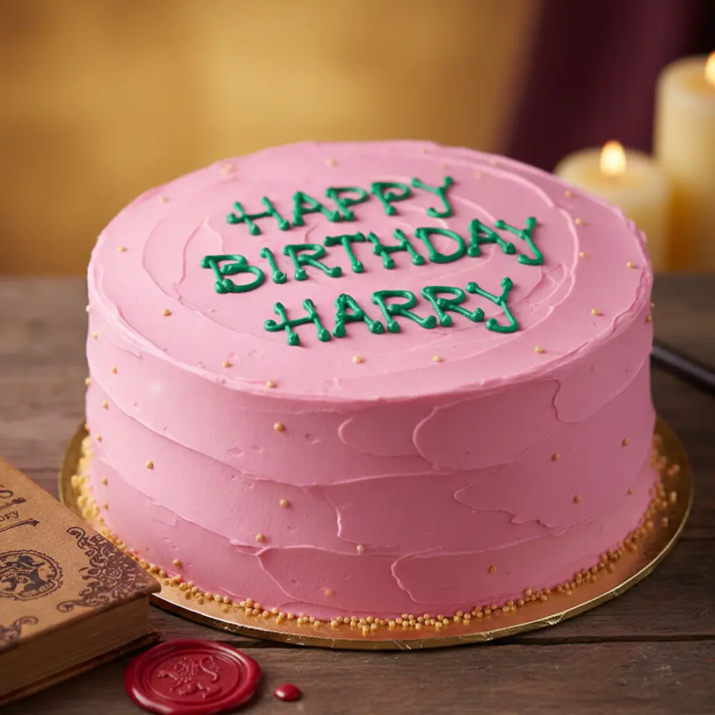 A "Cake of Harry Potter" decorated with pink frosting and green icing reading "HAPPY BIRTHDAY HARRY," adorned with golden sprinkles and set against a vintage book backdrop.