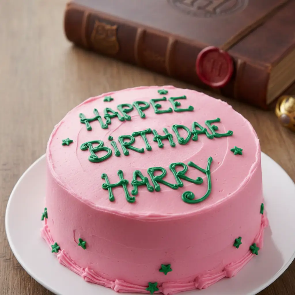 A playful "Cake of Harry Potter" decorated with pink frosting and green icing reading "HAPPEE BIRTHDAE HARRY," surrounded by star-shaped sprinkles and a vintage book.