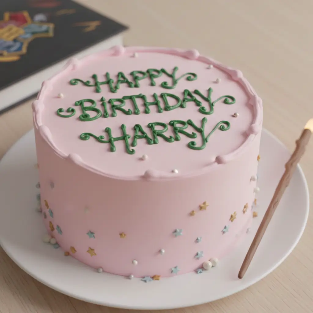 A "Cake of Harry Potter" decorated with pink frosting and green icing reading "HAPPY BIRTHDAY HARRY," adorned with star-shaped sprinkles and a magic wand.
