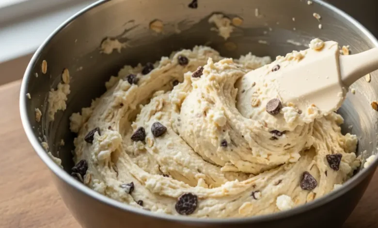 Close-up of cottage cheese cookie dough with chocolate chips and oats being mixed in a bowl.