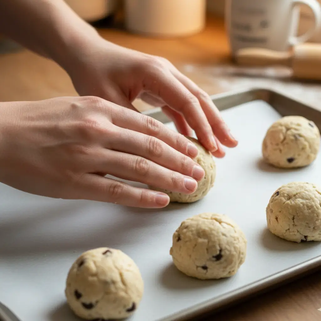 Close-up of hands shaping cottage cheese cookie dough balls on a baking tray.