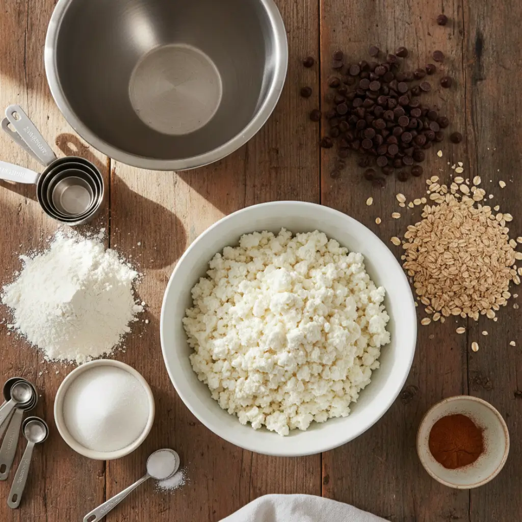 Ingredients for cottage cheese cookie dough: flour, chocolate chips, oats, sugar, and cottage cheese.