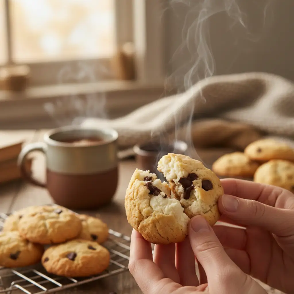 Breaking open a warm cottage cheese chocolate chip cookie, steam rising, with a cup of hot beverage in the background.