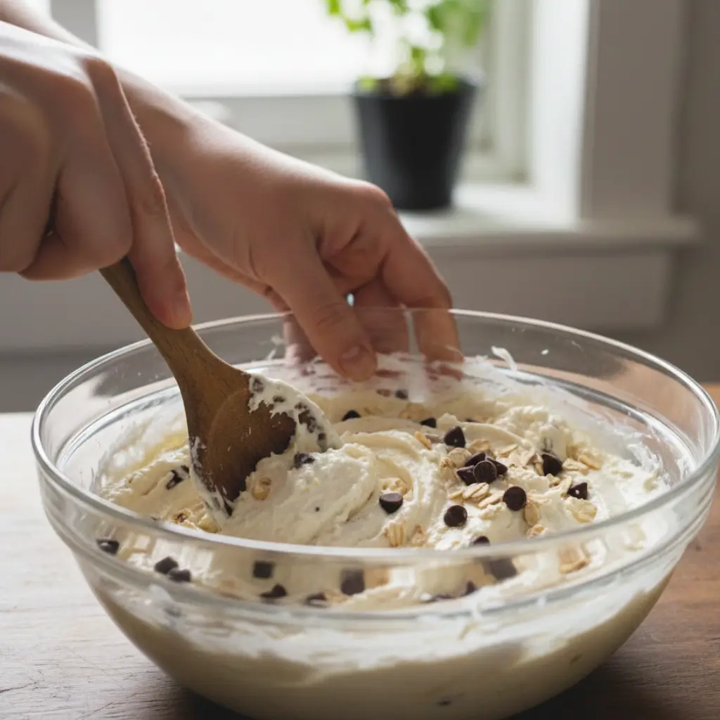 Close-up of hands stirring cottage cheese cookie dough with chocolate chips and oats in a glass bowl.