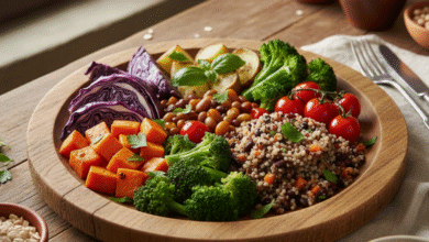 Natural Mounjaro recipe with quinoa, roasted sweet potatoes, broccoli, tomatoes, and purple cabbage served in a wooden bowl.