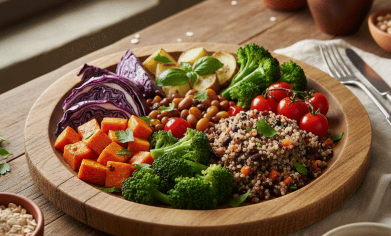 Natural Mounjaro recipe with quinoa, roasted sweet potatoes, broccoli, tomatoes, and purple cabbage served in a wooden bowl.