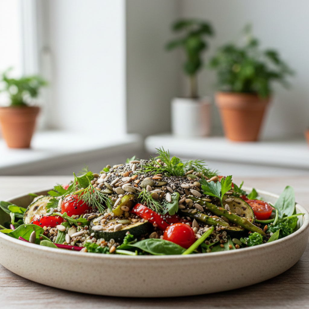Natural Mounjaro recipe with quinoa, zucchini, cherry tomatoes, spinach, and seeds, garnished with fresh herbs and served in a rustic bowl.