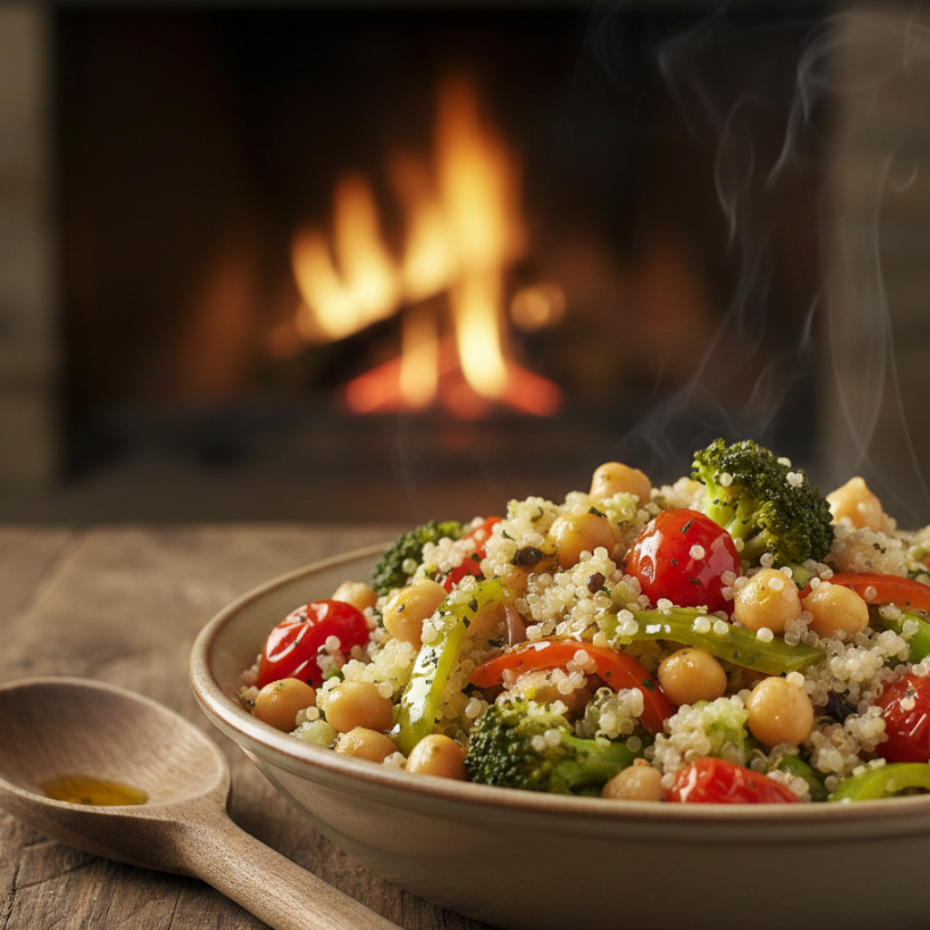 Natural Mounjaro recipe with quinoa, chickpeas, tomatoes, and broccoli, served in a bowl with a wooden spoon, and a warm fireplace in the background.