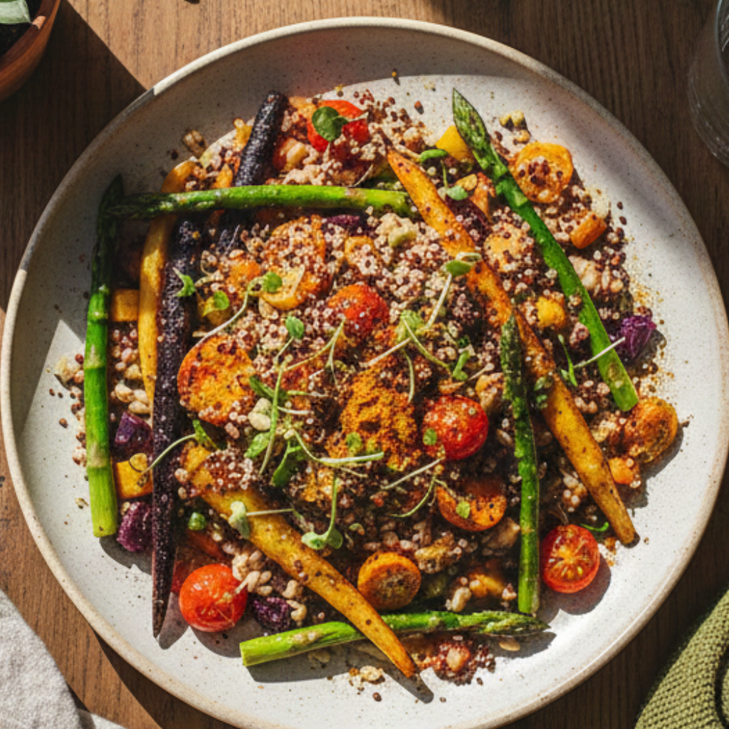 Natural Mounjaro recipe with roasted carrots, tomatoes, asparagus, and quinoa, garnished with fresh herbs.