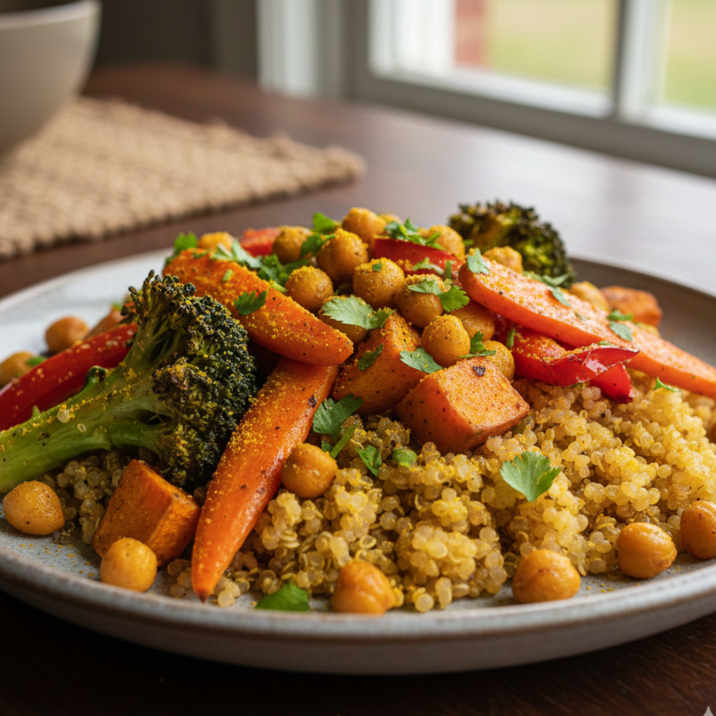 Natural Mounjaro recipe with quinoa, roasted carrots, sweet potatoes, broccoli, and chickpeas topped with fresh cilantro.