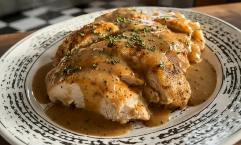 Tender chicken served with rich gravy, topped with fresh thyme, on a plate, showcasing the Chicken and Gravy Slow Cooker Recipe.